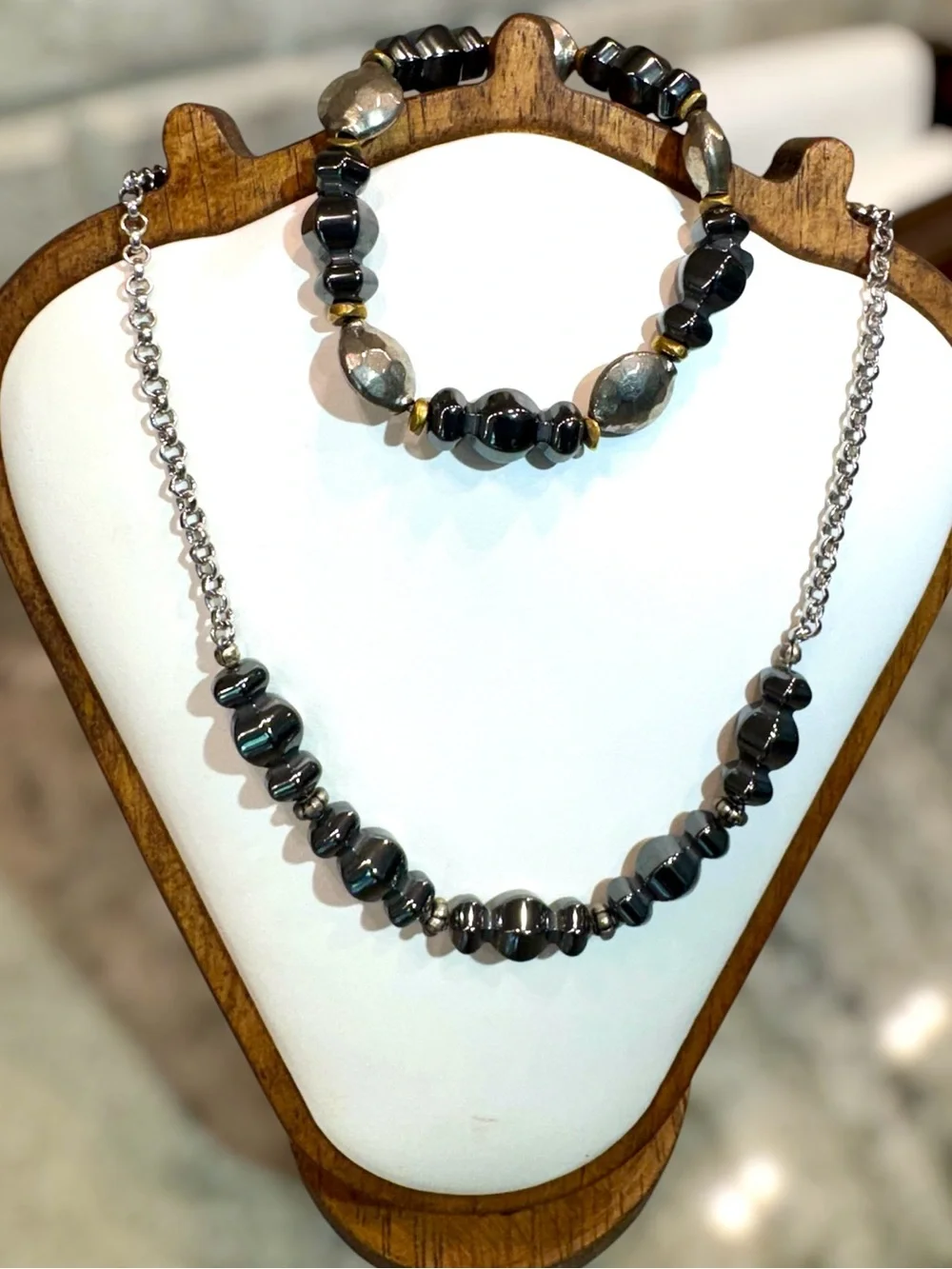 Handcrafted Hematite Bead Necklace and Bracelet Set